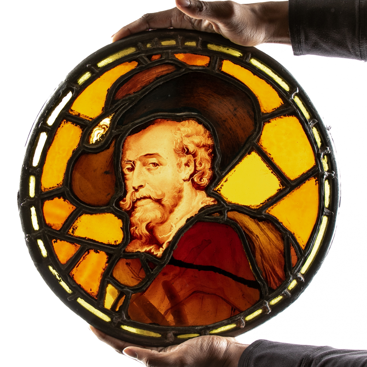 ANTIQUE STAINED GLASS WINDOW WITH HAND-PAINTED FIGURE OF A MAN, POSSIBLY PETER PAUL RUBENS item 73627